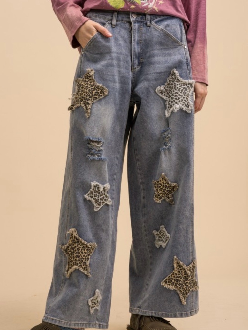 Velvet Blue Wide-Leg Denim Jeans with Leopard Star Patches